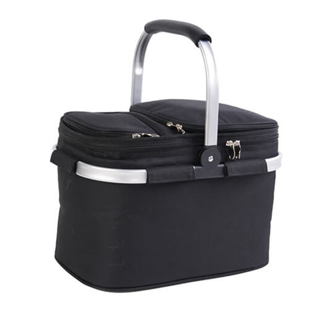 A black picnic basket cooler with a silver handle and zipped compartments. It features an aluminium frame. A black picnic basket cooler with a silver handle and zipped compartments. It features an aluminium frame.