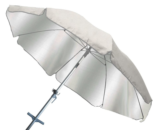 A silver beach umbrella with a sturdy metal frame and wide canopy, ideal for outdoor leisure. A silver beach umbrella with a sturdy metal frame and wide canopy, ideal for outdoor leisure.