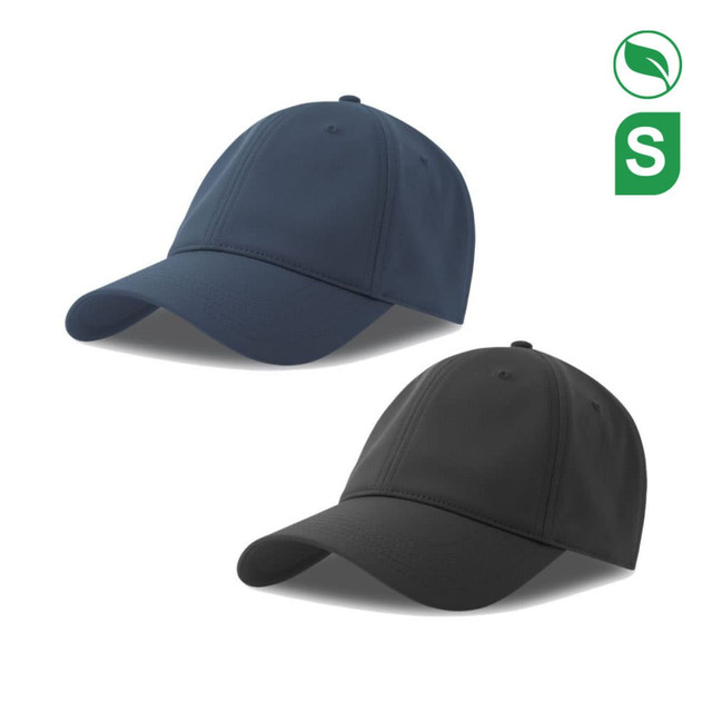 A navy and black cap made from recycled polyester, featuring a logo on the side. Suitable for headwear.