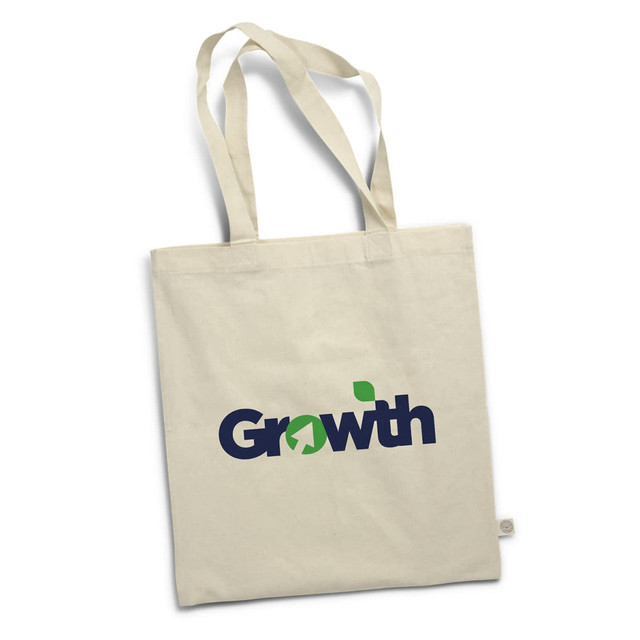 A cream tote bag featuring a logo in blue and green. The bag has two sturdy handles for easy carrying. A cream tote bag featuring a logo in blue and green. The bag has two sturdy handles for easy carrying.