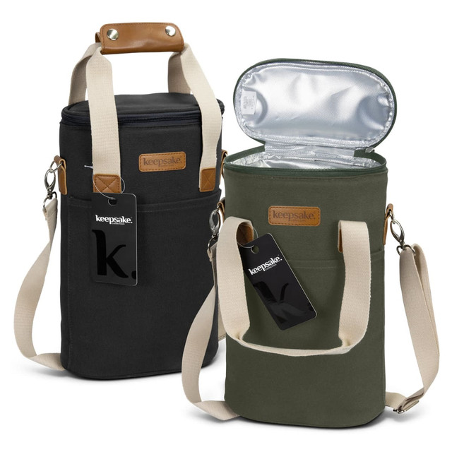 A drink bottle cooler bag in black and olive green, featuring shoulder straps and a branding logo. A drink bottle cooler bag in black and olive green, featuring shoulder straps and a branding logo.