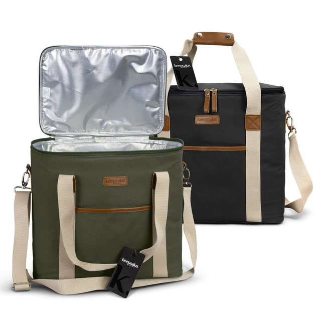 A green and black cooler bag with a silver insulated interior and adjustable straps, featuring a logo on one side. A green and black cooler bag with a silver insulated interior and adjustable straps, featuring a logo on one side.