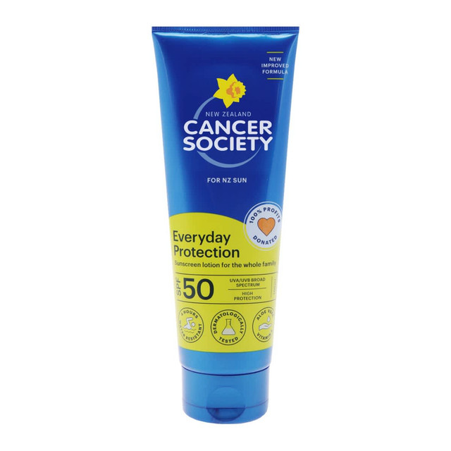 A tube of sunscreen with a blue and yellow design, featuring a logo and labelled for everyday protection.