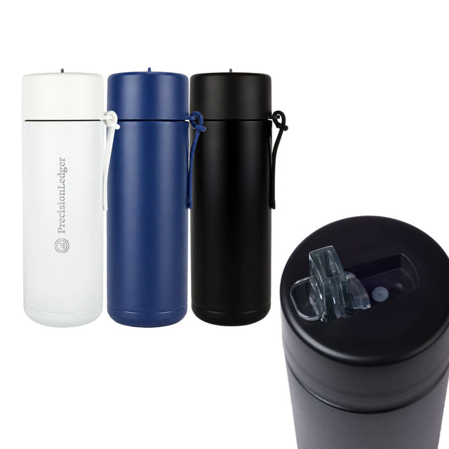 A drink bottle featuring a sleek design, available in white, navy blue, and black, with a lid and a logo.