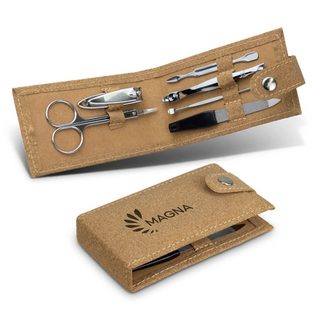 A cork manicure set featuring scissors, nail clippers, tweezers, and a nail file in a compact case with a logo. A cork manicure set featuring scissors, nail clippers, tweezers, and a nail file in a compact case with a logo.