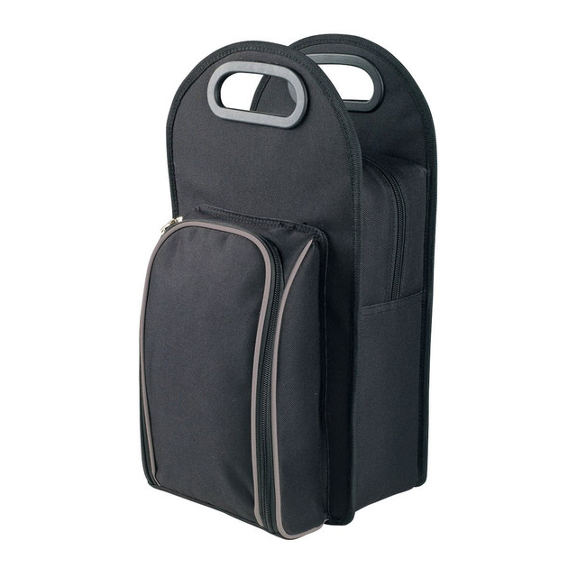 A drink bottle cooler bag in black with a zippered front pocket and dual carrying handles. A drink bottle cooler bag in black with a zippered front pocket and dual carrying handles.