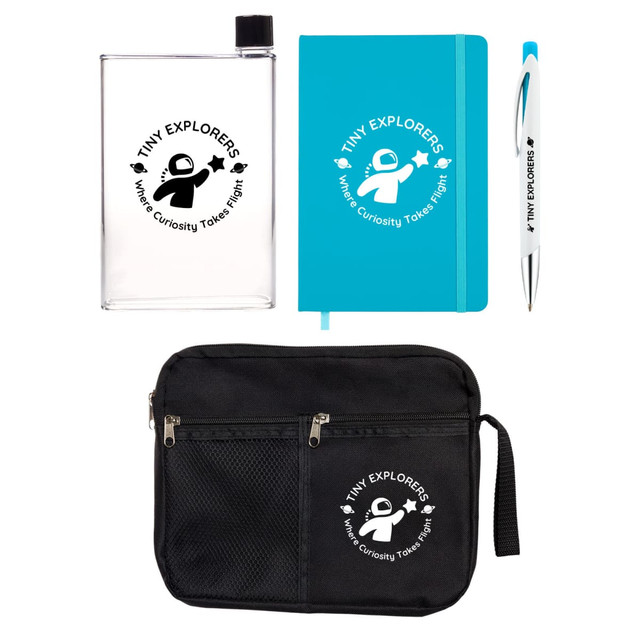 A clear drink bottle, a blue notebook, a pen, and a black carrying pouch, all featuring a logo.