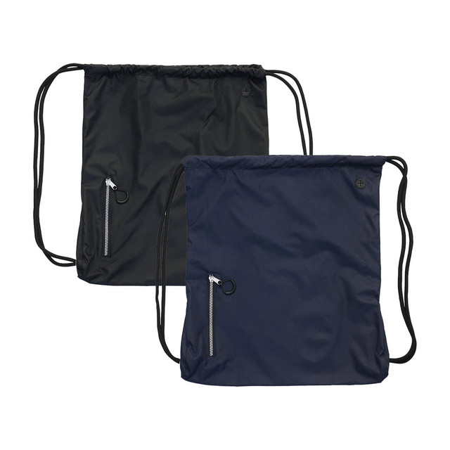 A drawstring bag in black and navy, featuring a zippered pocket and a logo.