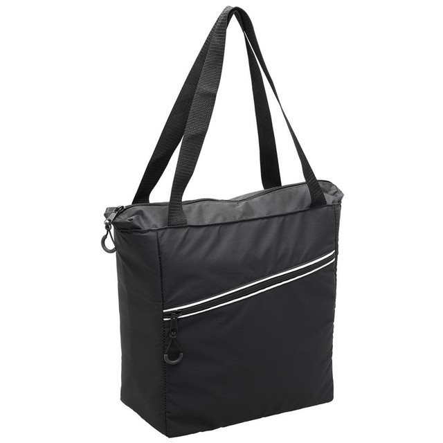 A black cooler bag with a zippered front pocket and two shoulder straps, featuring a logo. A black cooler bag with a zippered front pocket and two shoulder straps, featuring a logo.
