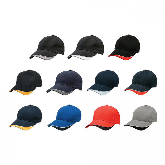 A collection of caps in various colours including black, navy, red, grey, and blue, featuring logos.