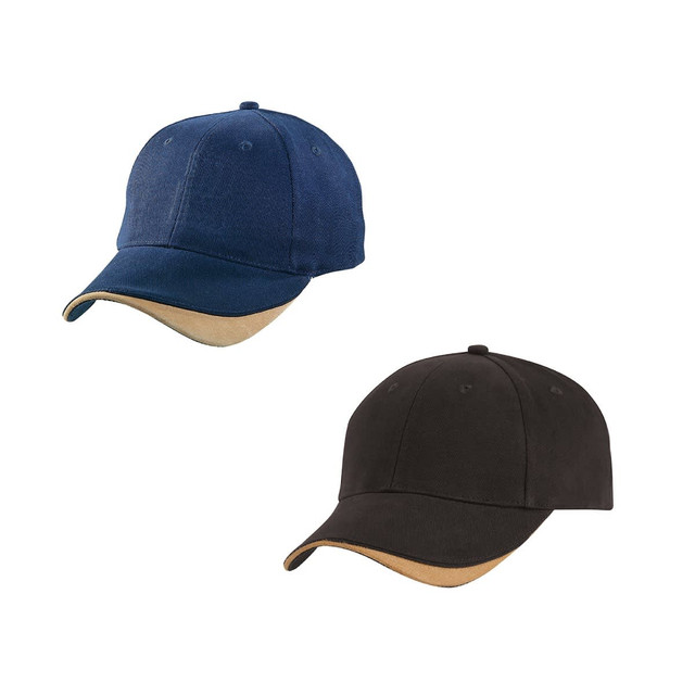 Two caps featuring a suede peak: one in navy blue and the other in black. Each has a branded logo. Two caps featuring a suede peak: one in navy blue and the other in black. Each has a branded logo.