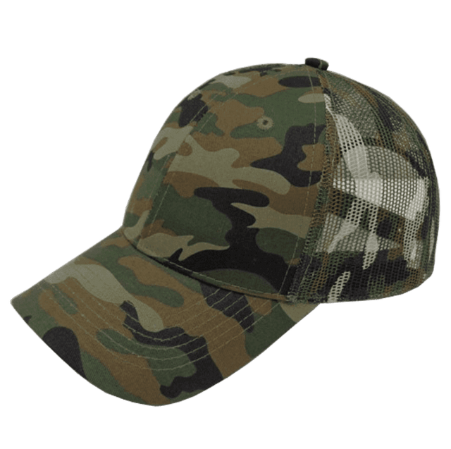 A camo trucker cap in shades of green and brown, featuring a mesh back and a logo on the front. A camo trucker cap in shades of green and brown, featuring a mesh back and a logo on the front.
