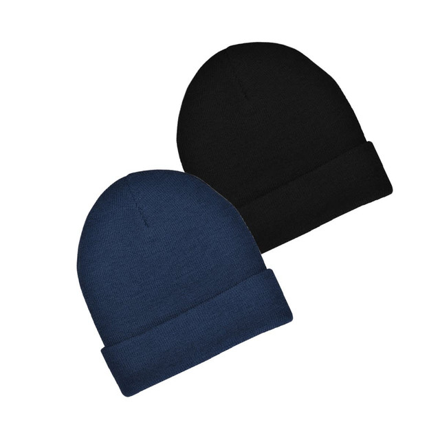 A wool blend beanie in navy and black, featuring a folded cuff and a subtle logo on one. A wool blend beanie in navy and black, featuring a folded cuff and a subtle logo on one.