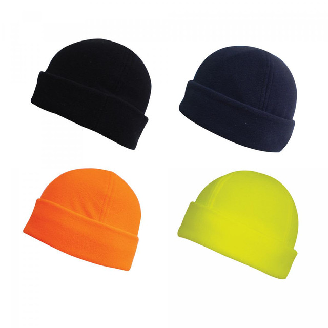 Four polar fleece beanies in black, navy, orange, and fluorescent yellow, each featuring a cuffed design. Four polar fleece beanies in black, navy, orange, and fluorescent yellow, each featuring a cuffed design.