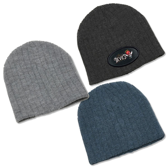 Three knitted beanies in grey, dark grey, and teal, featuring a logo on one beanie. Three knitted beanies in grey, dark grey, and teal, featuring a logo on one beanie.