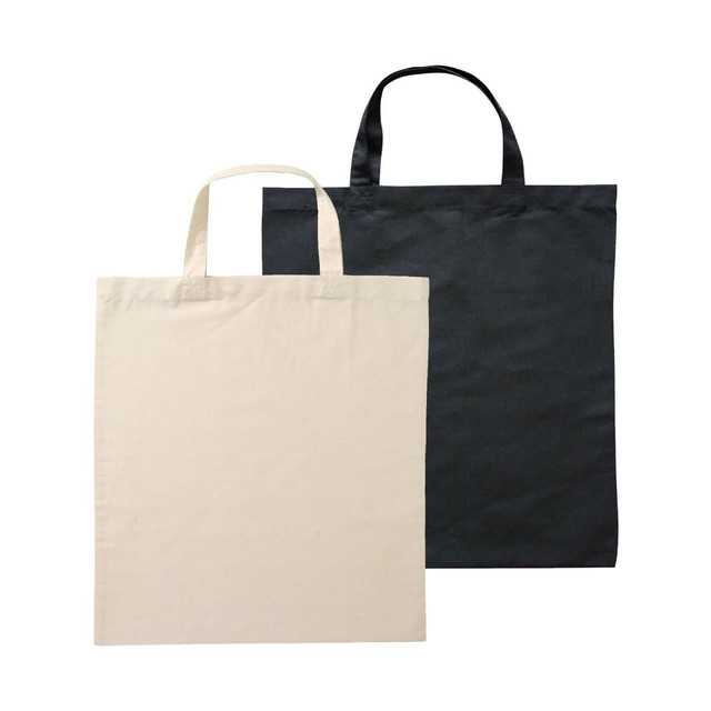 A reusable grocery bag set featuring a natural beige bag and a black bag, both with short handles. A reusable grocery bag set featuring a natural beige bag and a black bag, both with short handles.