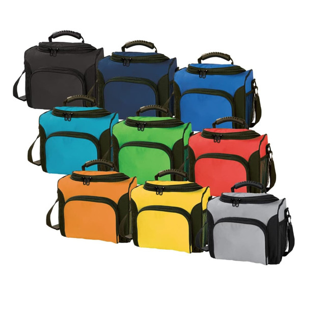 A collection of cooler bags in black, blue, green, red, orange, yellow, and grey, featuring handles and zippers. A collection of cooler bags in black, blue, green, red, orange, yellow, and grey, featuring handles and zippers.
