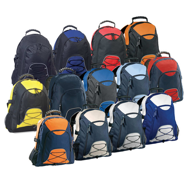 A collection of Kuza backpacks in various colours, including black, blue, grey, orange, and yellow, featuring a logo on each.