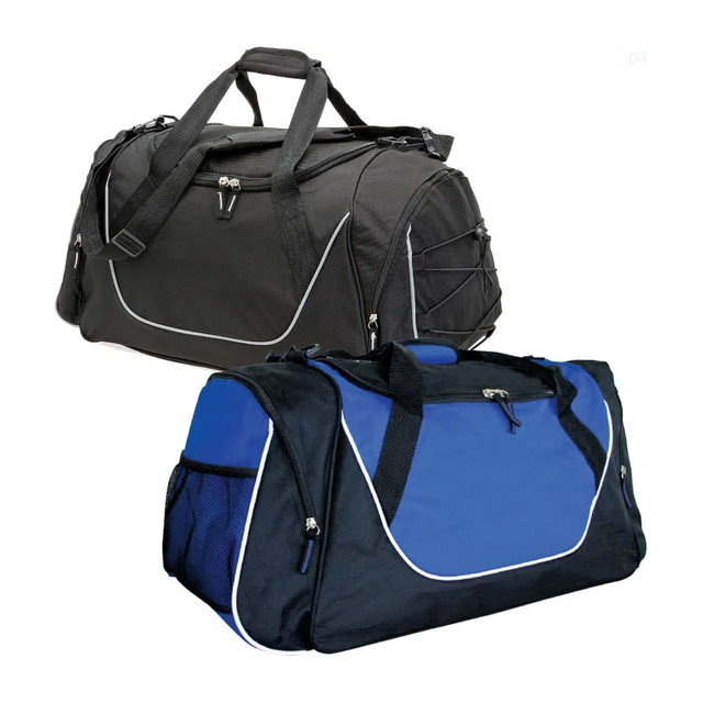 A black and blue duffle bag featuring multiple zippered compartments and a logo. It has both handles and a shoulder strap.