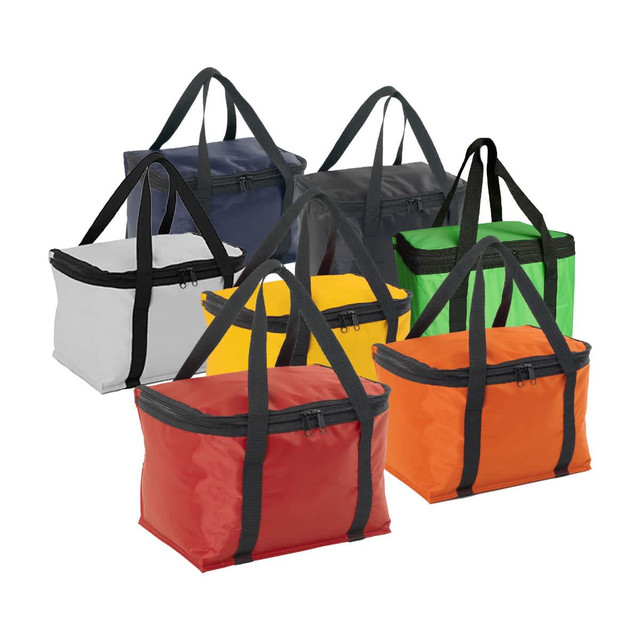 A range of cooler bags in various colours, including red, orange, yellow, green, grey, navy, and black, with handles. A range of cooler bags in various colours, including red, orange, yellow, green, grey, navy, and black, with handles.