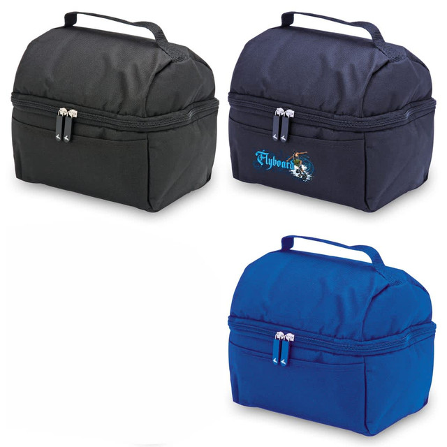 A trio of lunch bags in black, navy, and blue, featuring durable handles and zippers. One has a logo. A trio of lunch bags in black, navy, and blue, featuring durable handles and zippers. One has a logo.