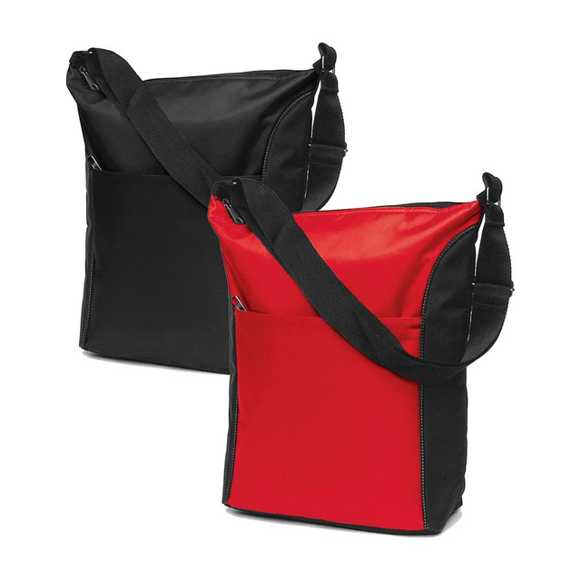 A cooler bag in black and red, featuring a shoulder strap and an exterior pocket. The bag also includes a logo. A cooler bag in black and red, featuring a shoulder strap and an exterior pocket. The bag also includes a logo.