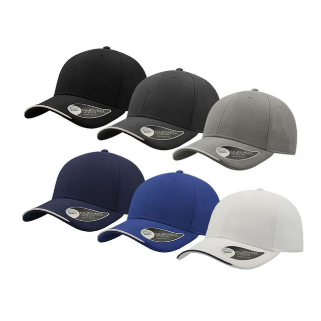 A display of six caps in various colours: black, grey, navy, blue, and white, featuring a logo.
