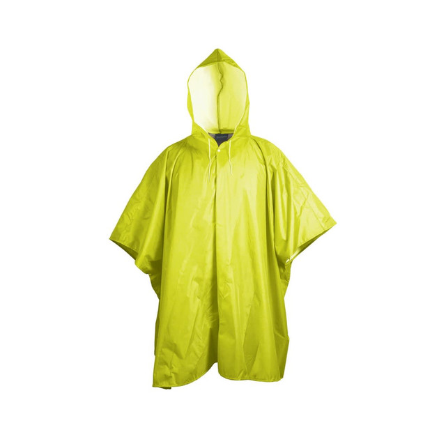 A bright yellow poncho with a hood, featuring a simple design and a logo on the front. A bright yellow poncho with a hood, featuring a simple design and a logo on the front.