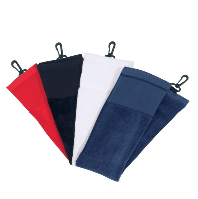 Four golf towels in red, black, white, and navy, featuring a clip for attachment. Each towel has a smooth and textured section. Four golf towels in red, black, white, and navy, featuring a clip for attachment. Each towel has a smooth and textured section.