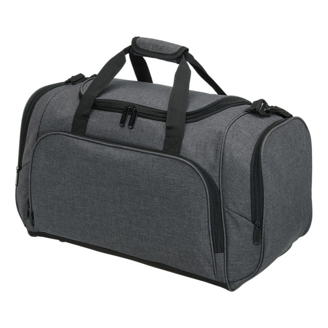 A grey duffle bag with dual handles and a zippered opening, featuring a logo and side pockets. A grey duffle bag with dual handles and a zippered opening, featuring a logo and side pockets.