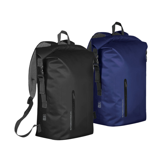 A waterproof backpack in black and navy, featuring adjustable straps and a branded logo on the front. A waterproof backpack in black and navy, featuring adjustable straps and a branded logo on the front.
