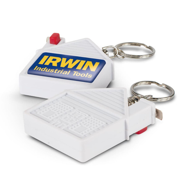 A house-shaped tape measure key ring in white, featuring a logo and a metal keyring attachment. A house-shaped tape measure key ring in white, featuring a logo and a metal keyring attachment.