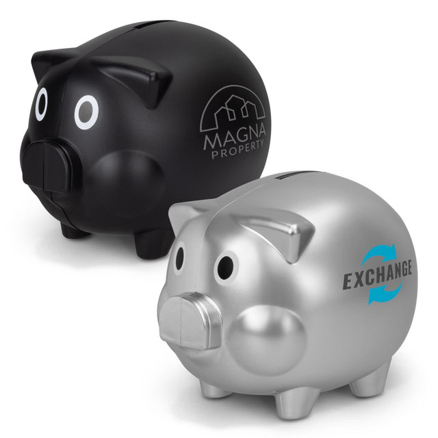 A black piggy bank and a silver piggy bank with eyes and different logos on each. A black piggy bank and a silver piggy bank with eyes and different logos on each.