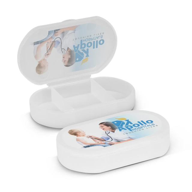 A white pill box with a hinged lid, featuring a logo and an image on the top. It has two compartments inside. A white pill box with a hinged lid, featuring a logo and an image on the top. It has two compartments inside.