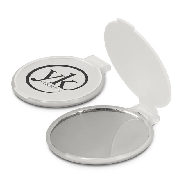 A compact mirror with a white exterior and a silver mirror inside. It has a logo printed on the case. A compact mirror with a white exterior and a silver mirror inside. It has a logo printed on the case.