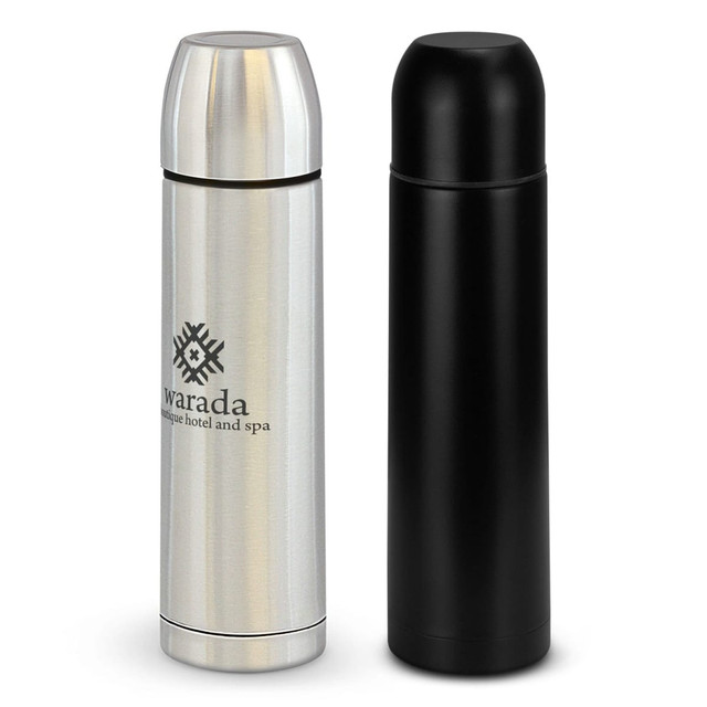 A drink bottle set featuring a silver and a black 750ml vacuum flask, both with logos. A drink bottle set featuring a silver and a black 750ml vacuum flask, both with logos.