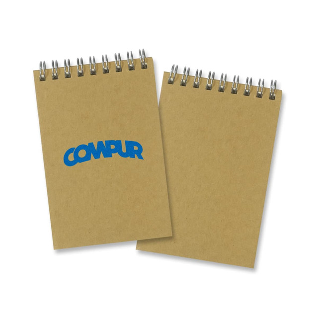 A small kraft note pad with spiral binding, featuring a blue logo on the front. A small kraft note pad with spiral binding, featuring a blue logo on the front.