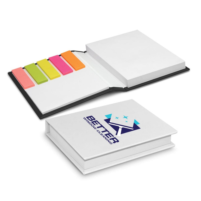 A hard cover notebook with sticky flags in pink, orange, green, and yellow, featuring a logo on the cover.