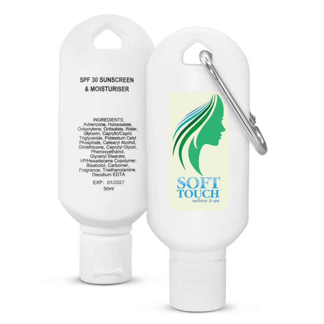 A white 50ml bottle of SPF 30 sunscreen and moisturiser with a carabiner and a logo on the front. A white 50ml bottle of SPF 30 sunscreen and moisturiser with a carabiner and a logo on the front.