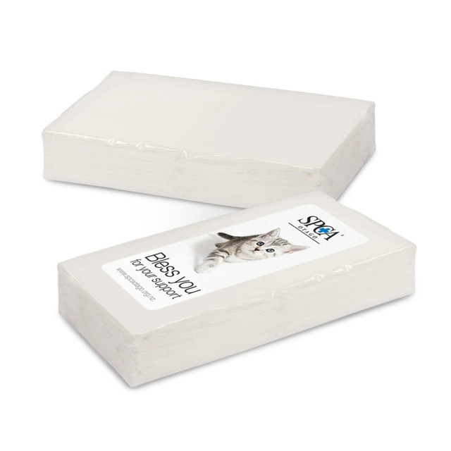 A stack of white tissues with a cat graphic on the packaging. Features a logo on one side. A stack of white tissues with a cat graphic on the packaging. Features a logo on one side.