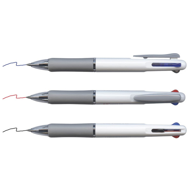 A set of three plastic pens in white with grey grips, featuring blue, black, and red ink. Each pen has a clip and branding. A set of three plastic pens in white with grey grips, featuring blue, black, and red ink. Each pen has a clip and branding.