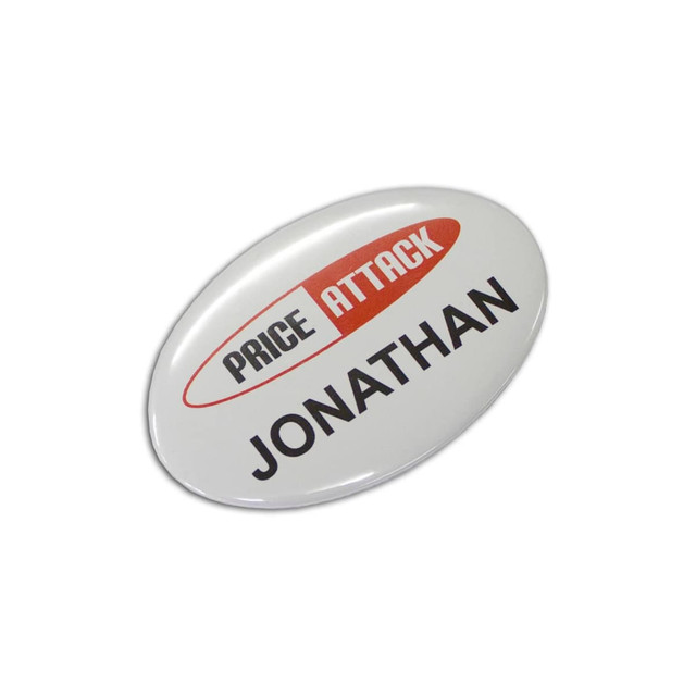An oval button badge in white with a red and black logo and the name "JONATHAN" printed in bold black text. An oval button badge in white with a red and black logo and the name "JONATHAN" printed in bold black text.