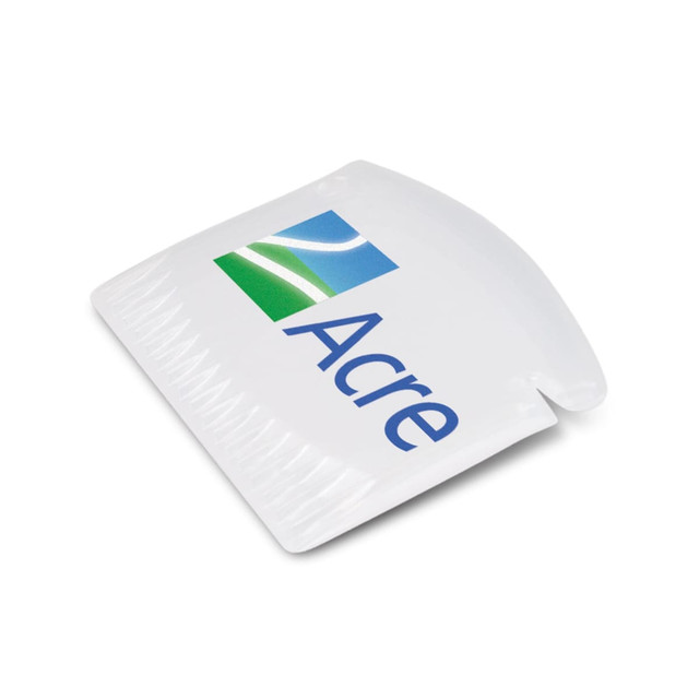A compact ice scraper in white with a curved handle and a serrated edge, featuring a logo. A compact ice scraper in white with a curved handle and a serrated edge, featuring a logo.