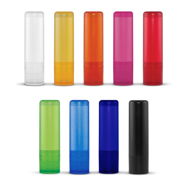 A collection of colourful lip balm tubes in white, yellow, orange, pink, red, green, blue, and black. Each tube features a logo. A collection of colourful lip balm tubes in white, yellow, orange, pink, red, green, blue, and black. Each tube features a logo.