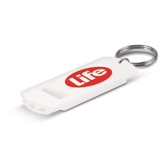 A white safety whistle with a keyring, featuring a red logo. A white safety whistle with a keyring, featuring a red logo.