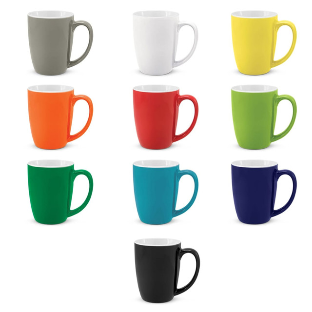 A collection of Sorrento coffee mugs in grey, white, yellow, orange, red, green, teal, blue, and black. Each mug has a white interior. A collection of Sorrento coffee mugs in grey, white, yellow, orange, red, green, teal, blue, and black. Each mug has a white interior.