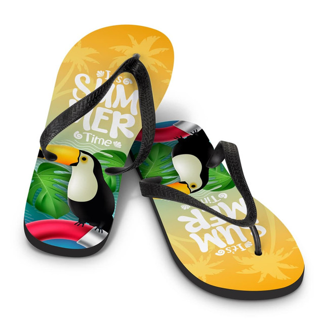Colourful flip flops featuring a toucan design, with a bright yellow and green background and a branding logo. Colourful flip flops featuring a toucan design, with a bright yellow and green background and a branding logo.