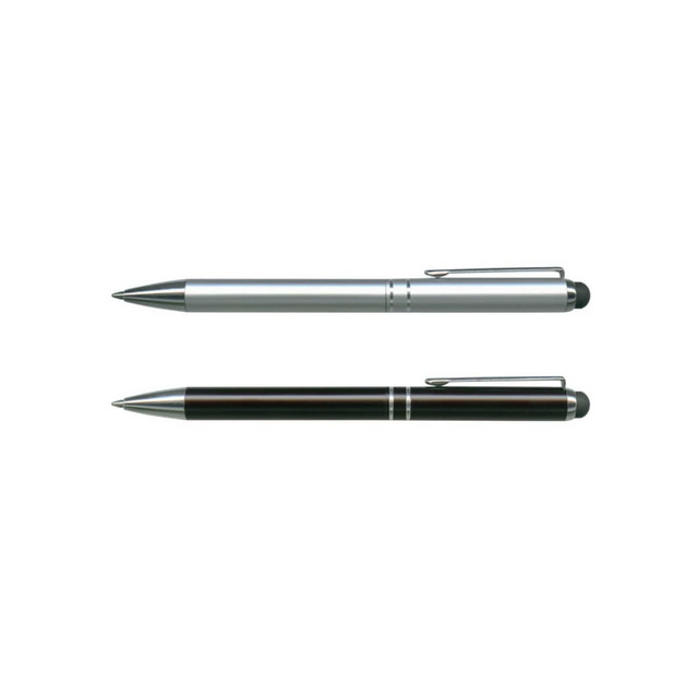A stylus pen set featuring a silver pen and a black pen, both with metal finishes and clip attachments.