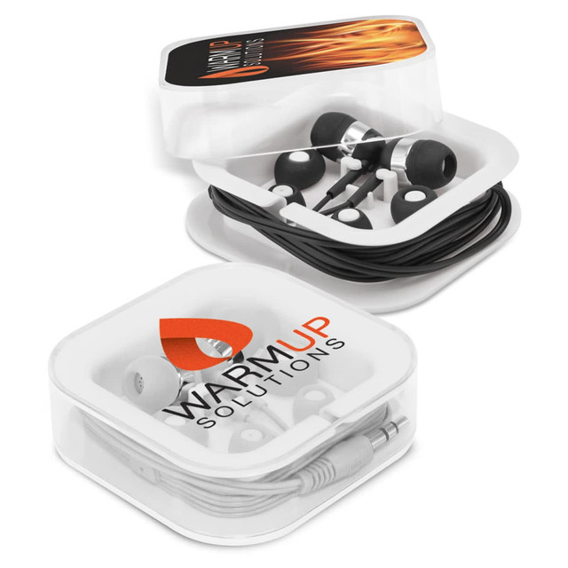 A set of black earbuds with a white case, featuring a logo on the front and neatly coiled cable inside. A set of black earbuds with a white case, featuring a logo on the front and neatly coiled cable inside.