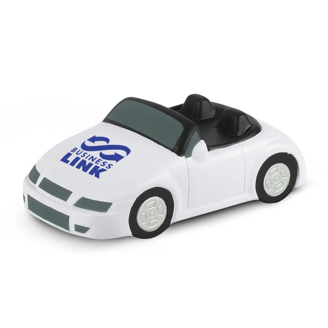 A white stress car toy with two seats and a logo on the hood. Ideal for stress relief and playful fun. A white stress car toy with two seats and a logo on the hood. Ideal for stress relief and playful fun.
